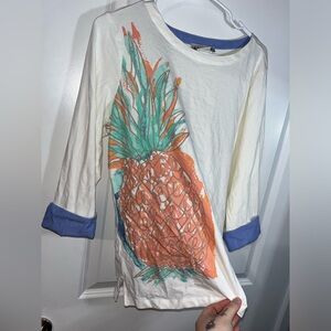Á La Carte Beige Blue Pineapple Tropical Blouse Cuff Sleeves ScoopNeck Sz Medium